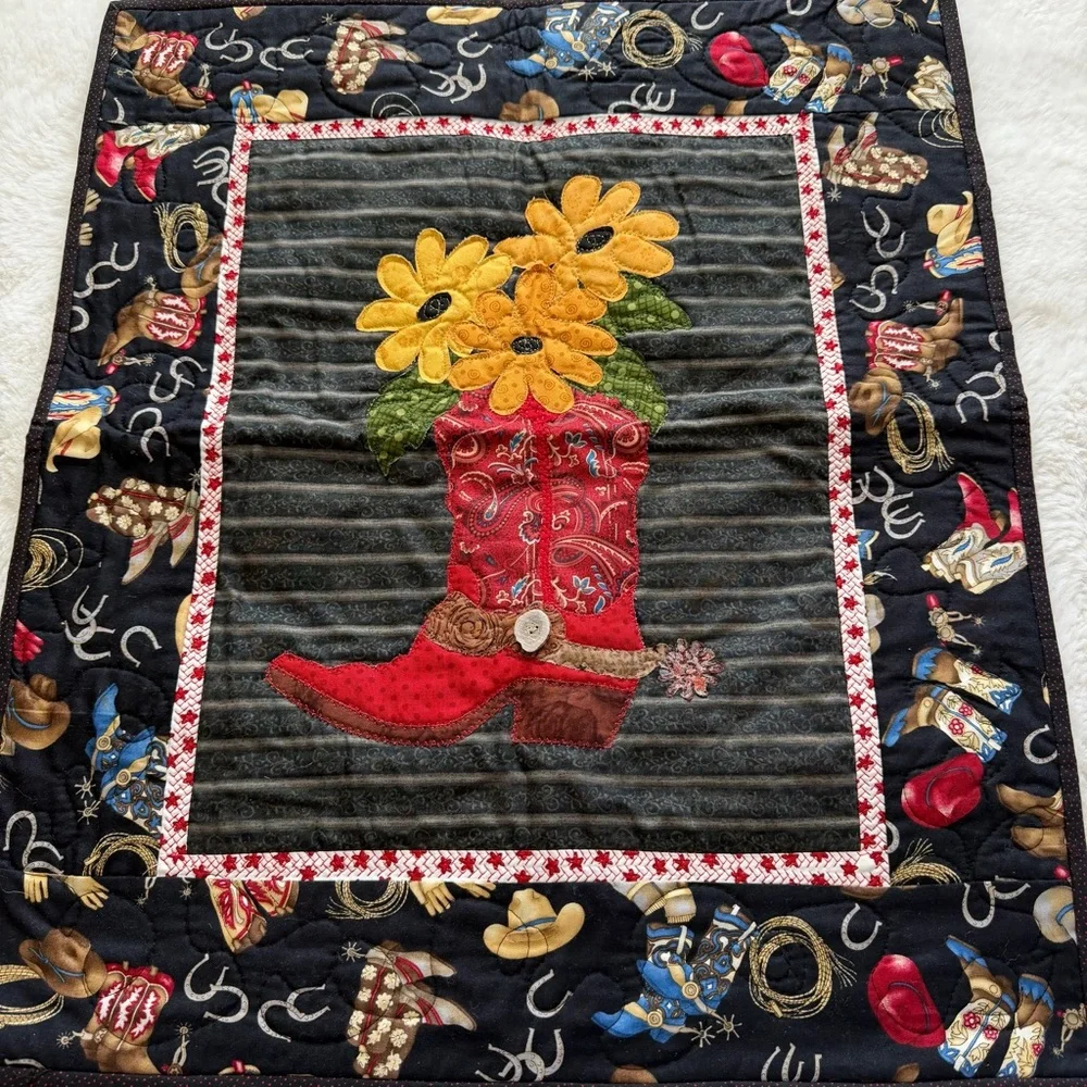 Western Cowboy Wall Hanging Quilt 21” x 24.5” – Appliqué Boot & Sunflowers